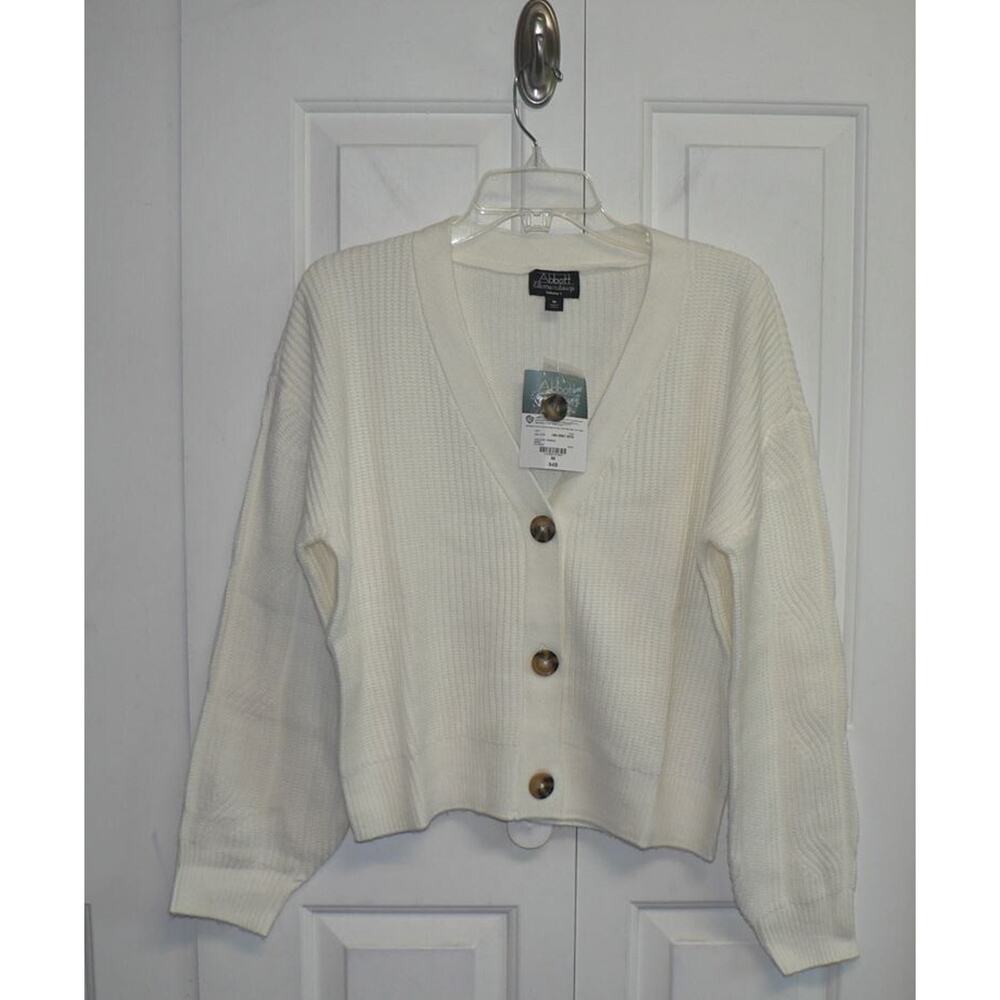 Abbott Elementary V-Neck Long Sleeve Button Front Ribbed Cardigan Ivory Med $49‎